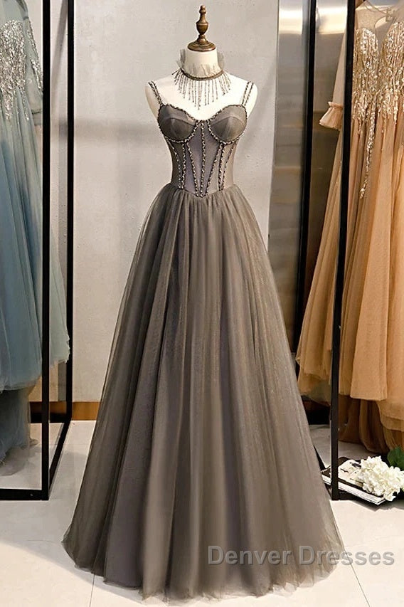 A-Line Prom Dress Sexy Dress Formal Floor Length Sleeveless Strap Tulle With Pleats Crystals
