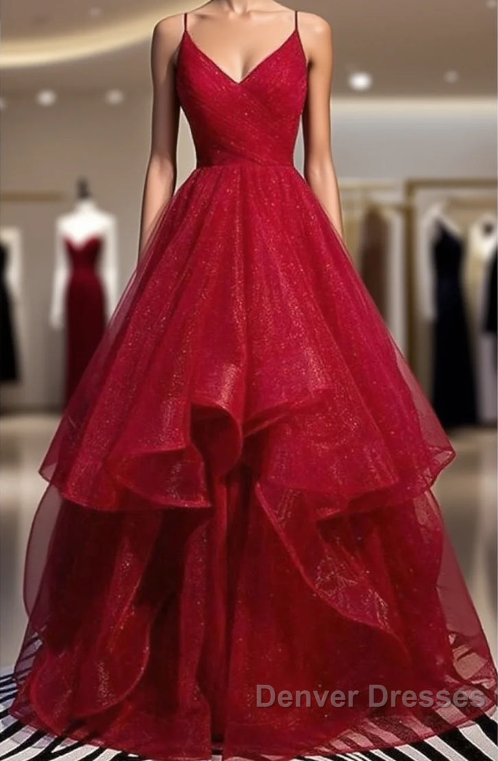 A-Line Prom Dress Sexy Dress Party Wear Floor Length Sleeveless Spaghetti Strap Tulle With Ruffles Main image