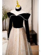 A-Line Prom Dress Sparkle & Shine Dress Engagement Floor Length Long Sleeve Sweetheart Tulle With Sequin