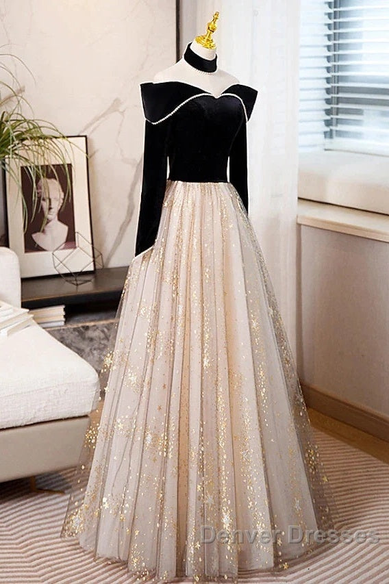 A-Line Prom Dress Sparkle & Shine Dress Engagement Floor Length Long Sleeve Sweetheart Tulle With Sequin
