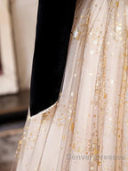 A-Line Prom Dress Sparkle & Shine Dress Engagement Floor Length Long Sleeve Sweetheart Tulle With Sequin