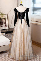 A-Line Prom Dress Sparkle & Shine Dress Engagement Floor Length Long Sleeve Sweetheart Tulle With Sequin