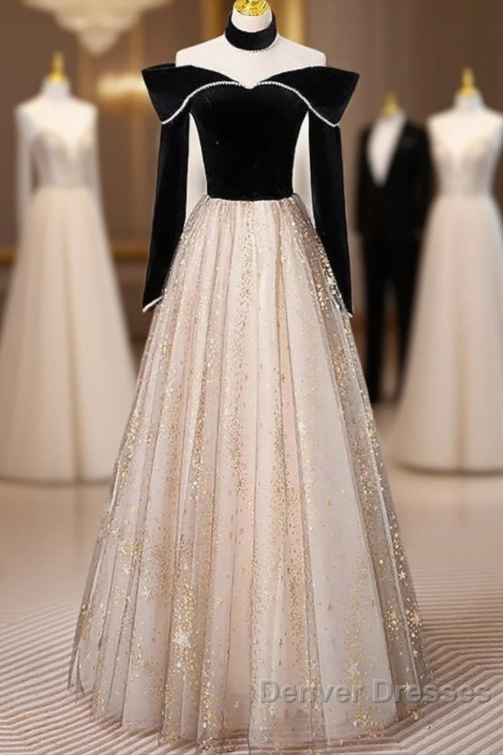 A-Line Prom Dress Sparkle & Shine Dress Engagement Floor Length Long Sleeve Sweetheart Tulle With Sequin Main image