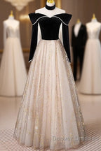 A-Line Prom Dress Sparkle & Shine Dress Engagement Floor Length Long Sleeve Sweetheart Tulle With Sequin