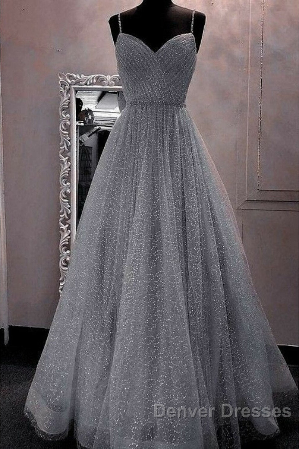 A-Line Prom Dress Sparkle & Shine Dress Party Dress Birthday Floor Length Sleeveless Spaghetti Strap Tulle With Glitter Crystals Secondary image