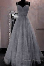 A-Line Prom Dress Sparkle & Shine Dress Party Dress Birthday Floor Length Sleeveless Spaghetti Strap Tulle With Glitter Crystals