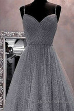 A-Line Prom Dress Sparkle & Shine Dress Party Dress Birthday Floor Length Sleeveless Spaghetti Strap Tulle With Glitter Crystals