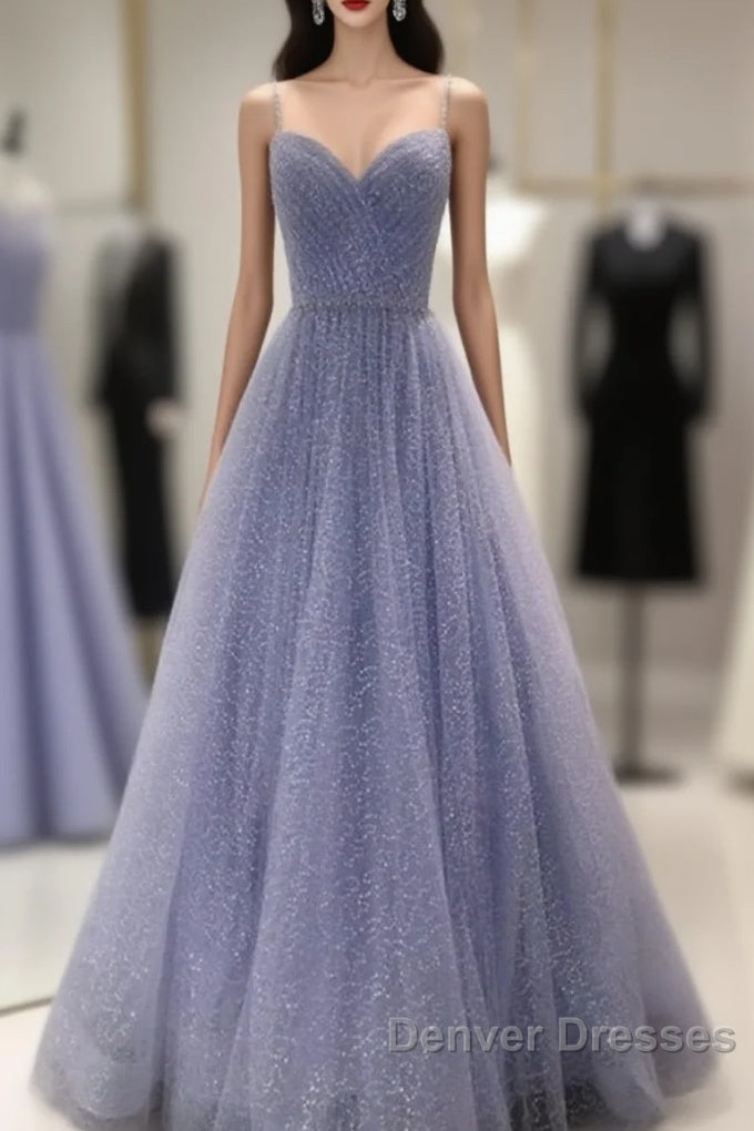 A-Line Prom Dress Sparkle & Shine Dress Party Dress Birthday Floor Length Sleeveless Spaghetti Strap Tulle With Glitter Crystals Main image