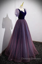 A-Line Prom Dress Sparkle & Shine Dress Prom Floor Length Short Sleeve Scoop Neck Tulle With Sequin