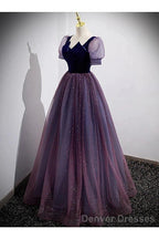 A-Line Prom Dress Sparkle & Shine Dress Prom Floor Length Short Sleeve Scoop Neck Tulle With Sequin