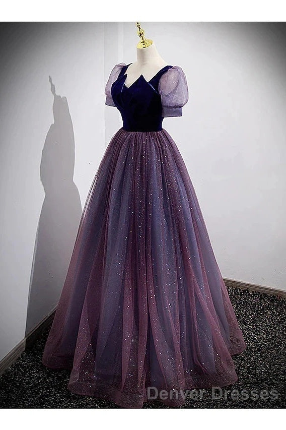 A-Line Prom Dress Sparkle & Shine Dress Prom Floor Length Short Sleeve Scoop Neck Tulle With Sequin