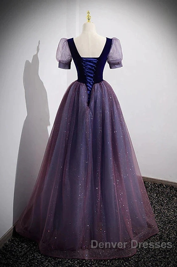 A-Line Prom Dress Sparkle & Shine Dress Prom Floor Length Short Sleeve Scoop Neck Tulle With Sequin