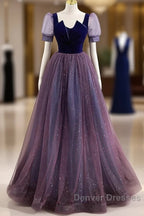 A-Line Prom Dress Sparkle & Shine Dress Prom Floor Length Short Sleeve Scoop Neck Tulle With Sequin