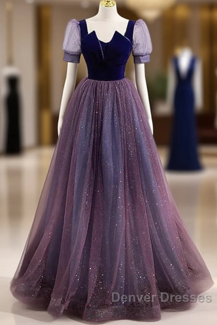 A-Line Prom Dress Sparkle & Shine Dress Prom Floor Length Short Sleeve Scoop Neck Tulle With Sequin