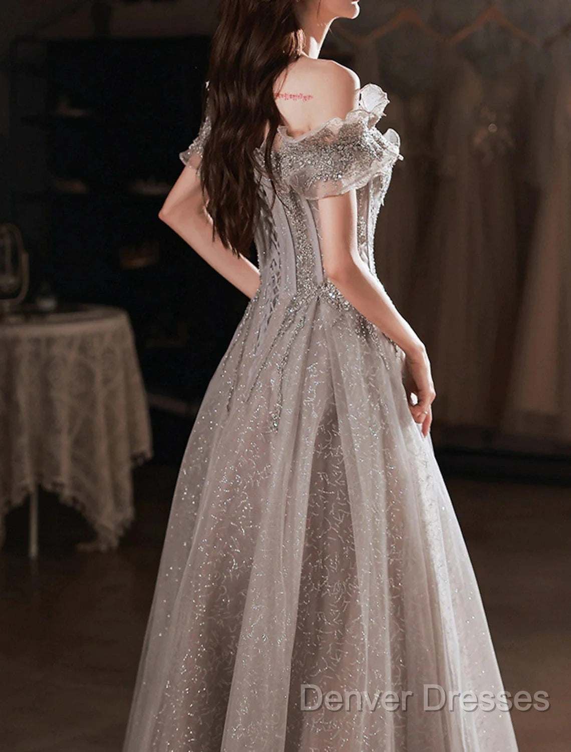 A-Line Prom Dress Sparkle & Shine Dress Wedding Guest Prom Floor Length Short Sleeve Off Shoulder Polyester With Sequin Ruffles Secondary image