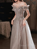 A-Line Prom Dress Sparkle & Shine Dress Wedding Guest Prom Floor Length Short Sleeve Off Shoulder Polyester With Sequin Ruffles