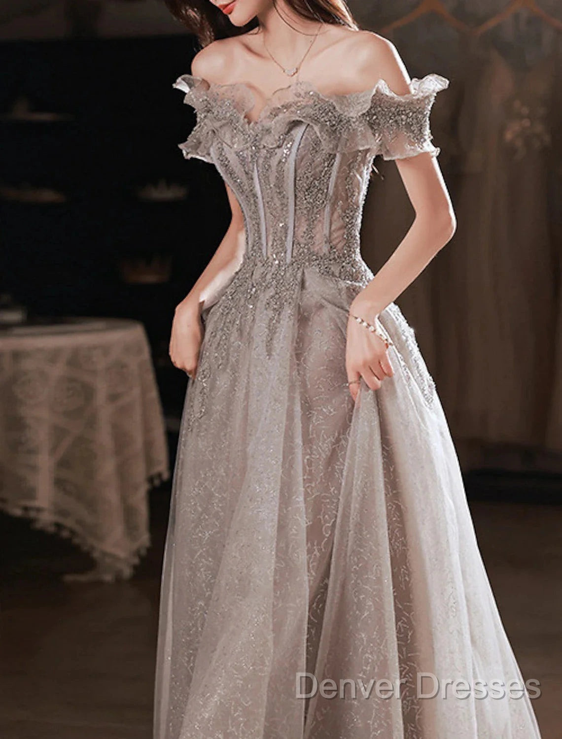 A-Line Prom Dress Sparkle & Shine Dress Wedding Guest Prom Floor Length Short Sleeve Off Shoulder Polyester With Sequin Ruffles