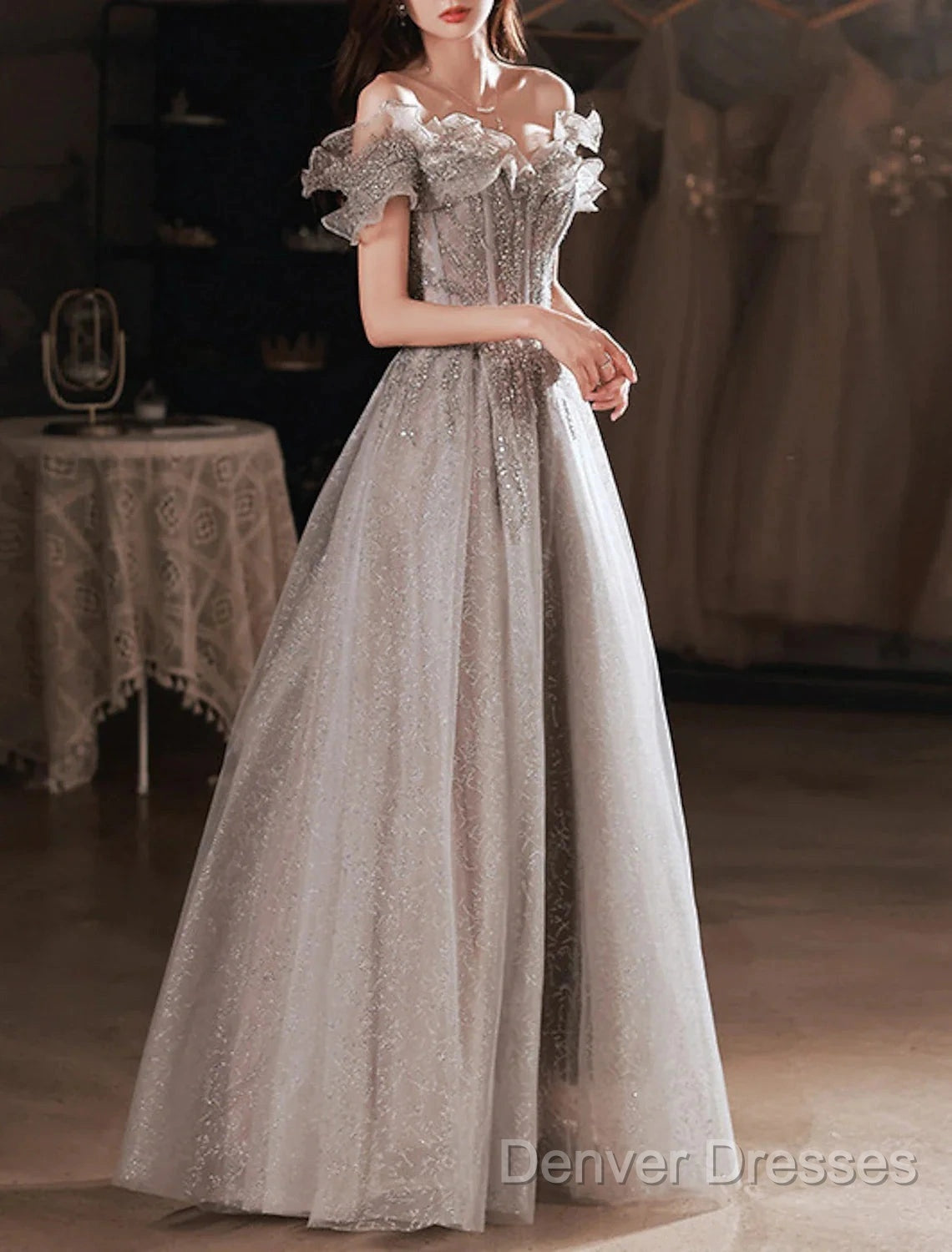 A-Line Prom Dress Sparkle & Shine Dress Wedding Guest Prom Floor Length Short Sleeve Off Shoulder Polyester With Sequin Ruffles