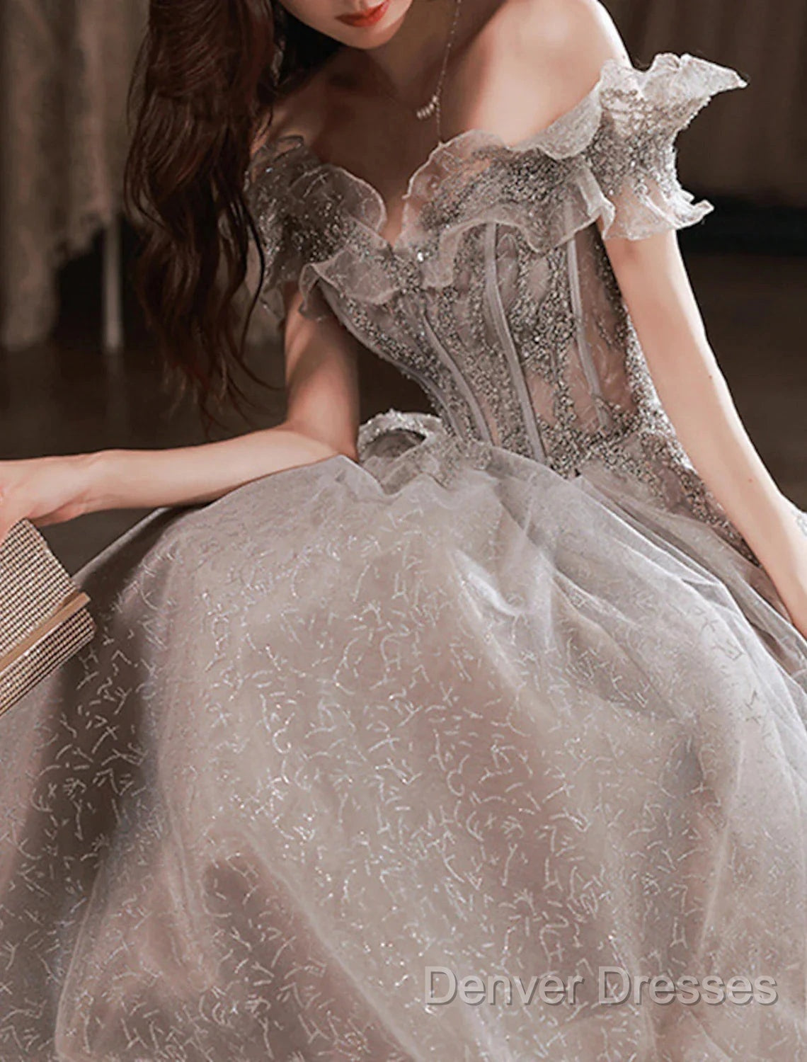 A-Line Prom Dress Sparkle & Shine Dress Wedding Guest Prom Floor Length Short Sleeve Off Shoulder Polyester With Sequin Ruffles