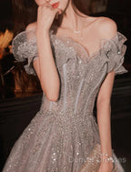 A-Line Prom Dress Sparkle & Shine Dress Wedding Guest Prom Floor Length Short Sleeve Off Shoulder Polyester With Sequin Ruffles