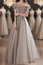 A-Line Prom Dress Sparkle & Shine Dress Wedding Guest Prom Floor Length Short Sleeve Off Shoulder Polyester With Sequin Ruffles