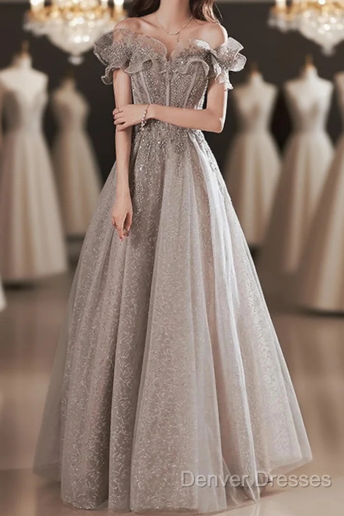 A-Line Prom Dress Sparkle & Shine Dress Wedding Guest Prom Floor Length Short Sleeve Off Shoulder Polyester With Sequin Ruffles