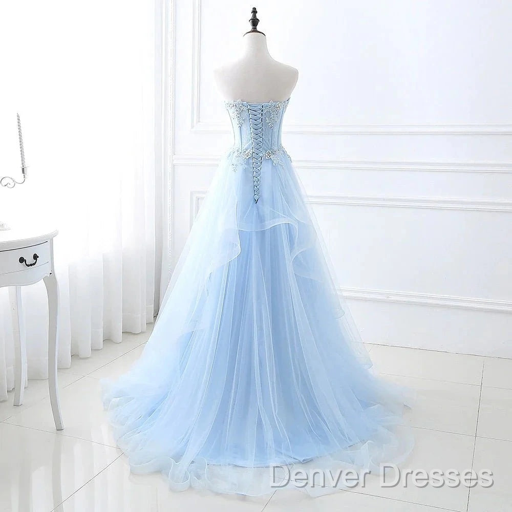 A Line Prom Dress Sweetheart Tulle With Applique Sweep Train