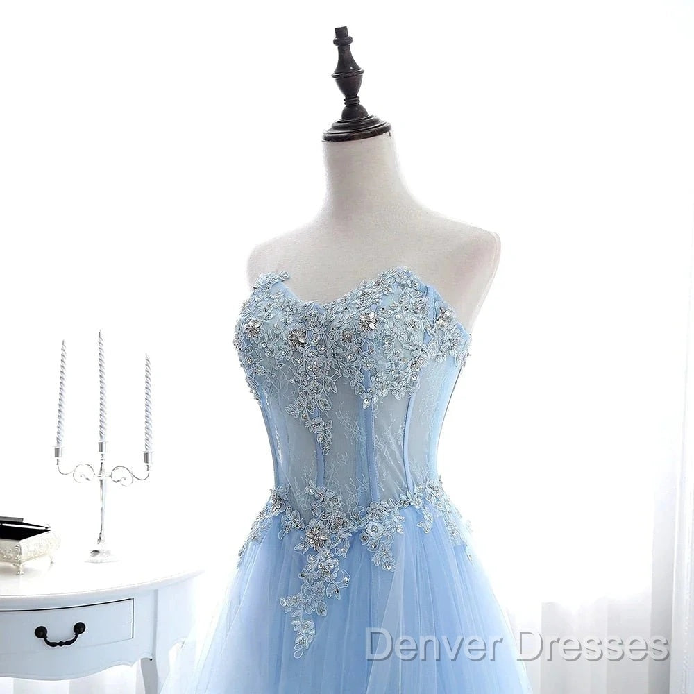 A Line Prom Dress Sweetheart Tulle With Applique Sweep Train