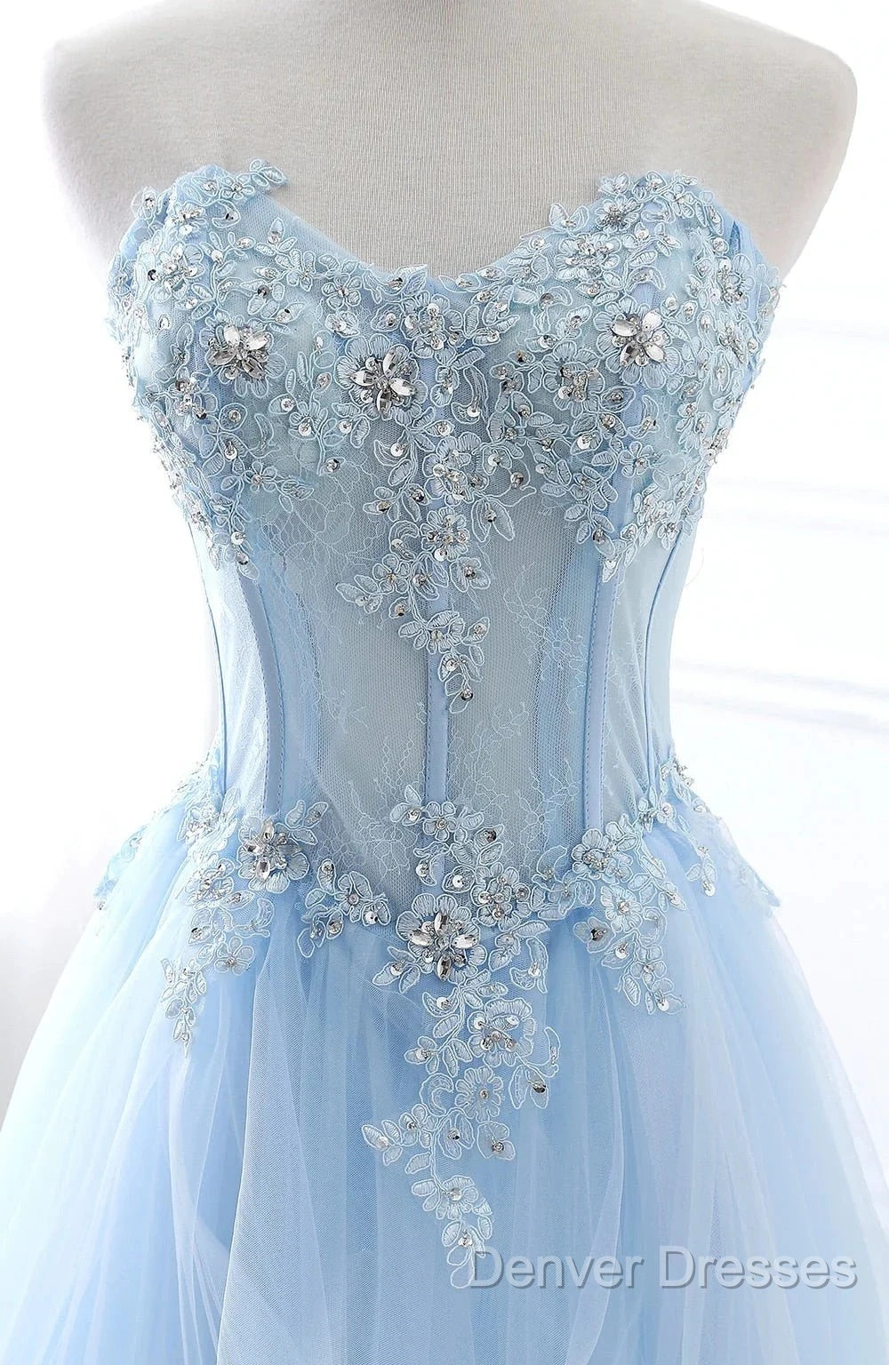 A Line Prom Dress Sweetheart Tulle With Applique Sweep Train