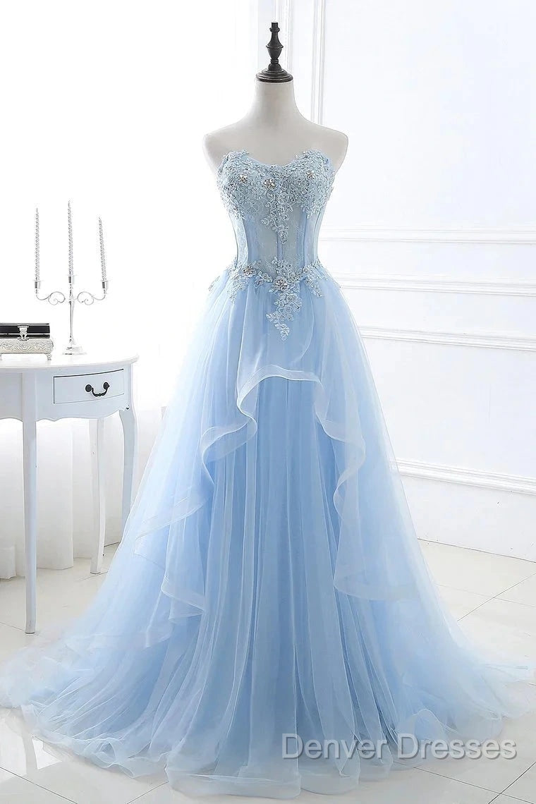 A Line Prom Dress Sweetheart Tulle With Applique Sweep Train