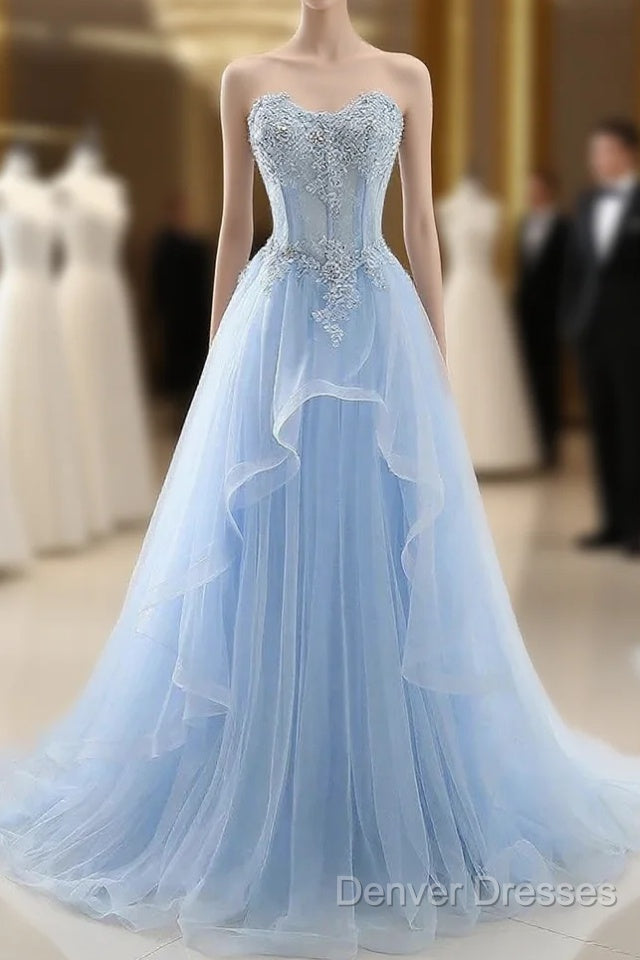 A Line Prom Dress Sweetheart Tulle With Applique Sweep Train