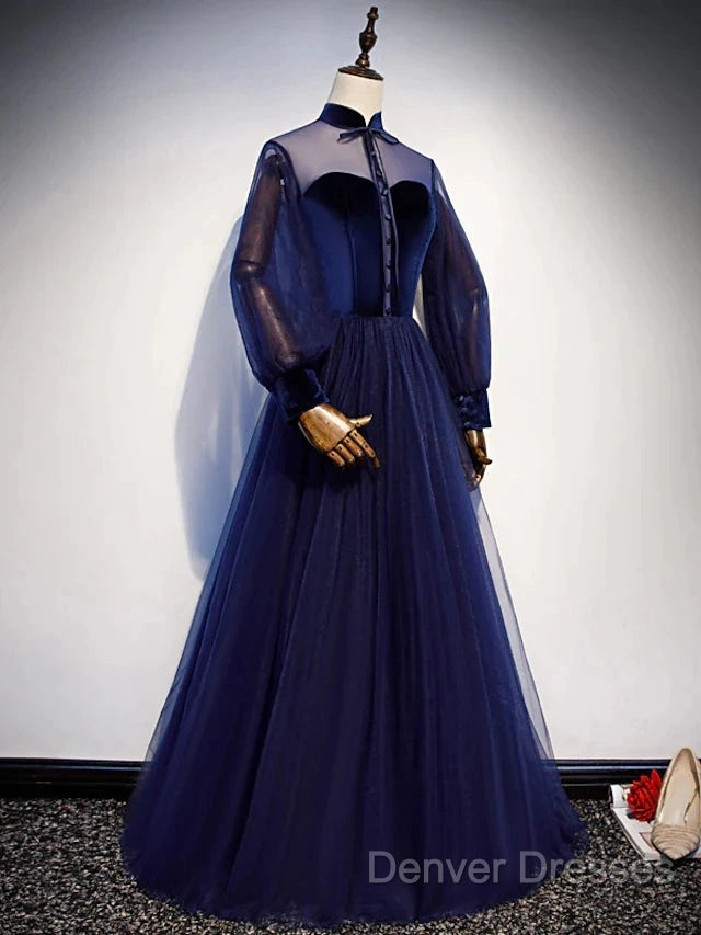 A-Line Prom Dress Vintage Dress Party Wear Floor Length Long Sleeve Stand Collar Tulle With Bow(S) Strappy Secondary image