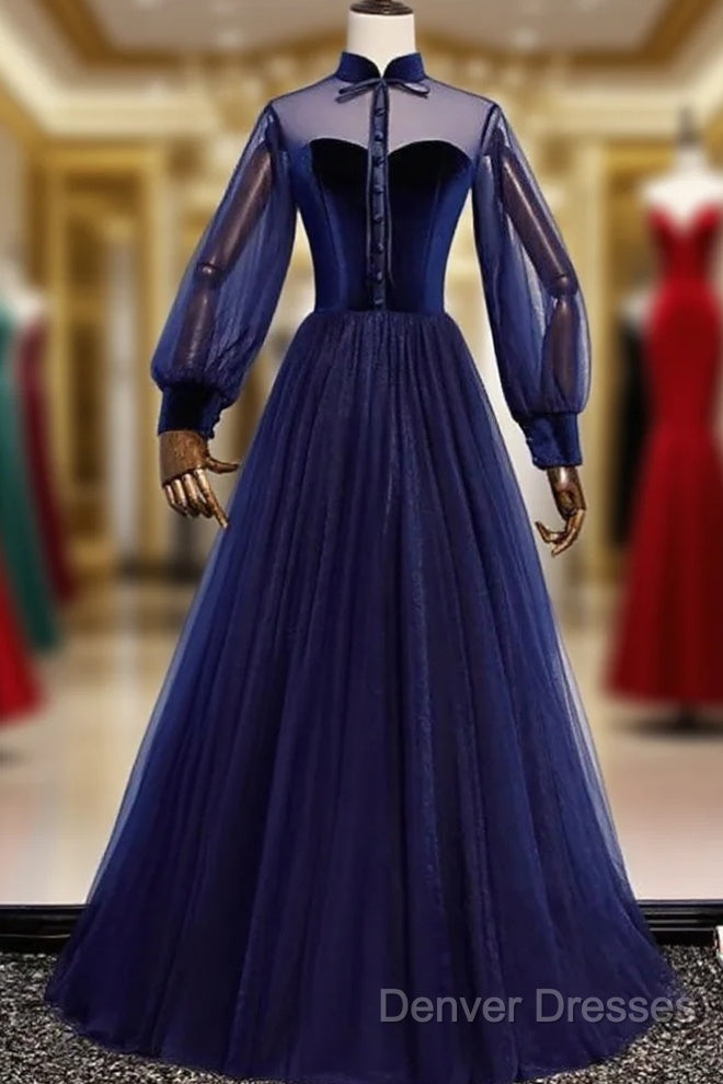 A-Line Prom Dress Vintage Dress Party Wear Floor Length Long Sleeve Stand Collar Tulle With Bow(S) Strappy Main image