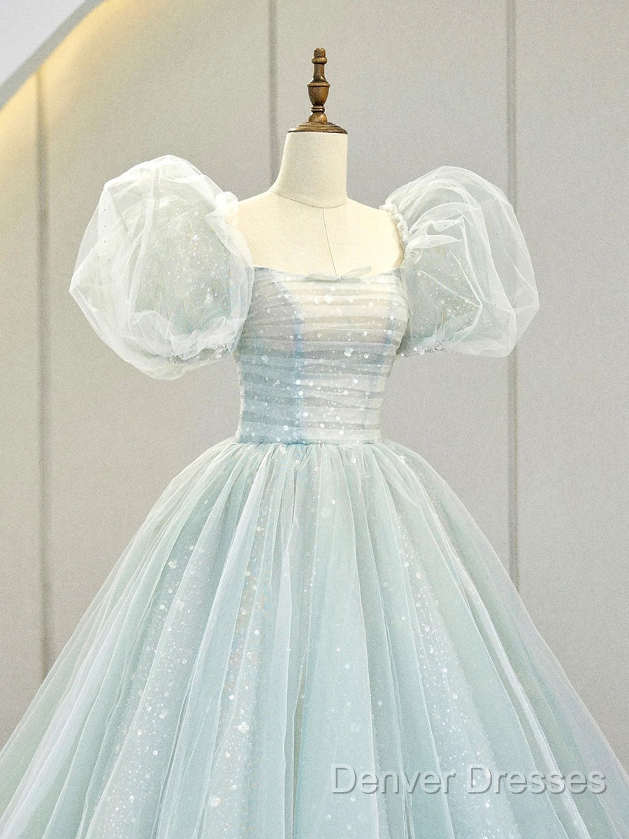 A-Line Puff Sleeves Blue Long Prom Dress, Tulle Formal Evening Dress Secondary image