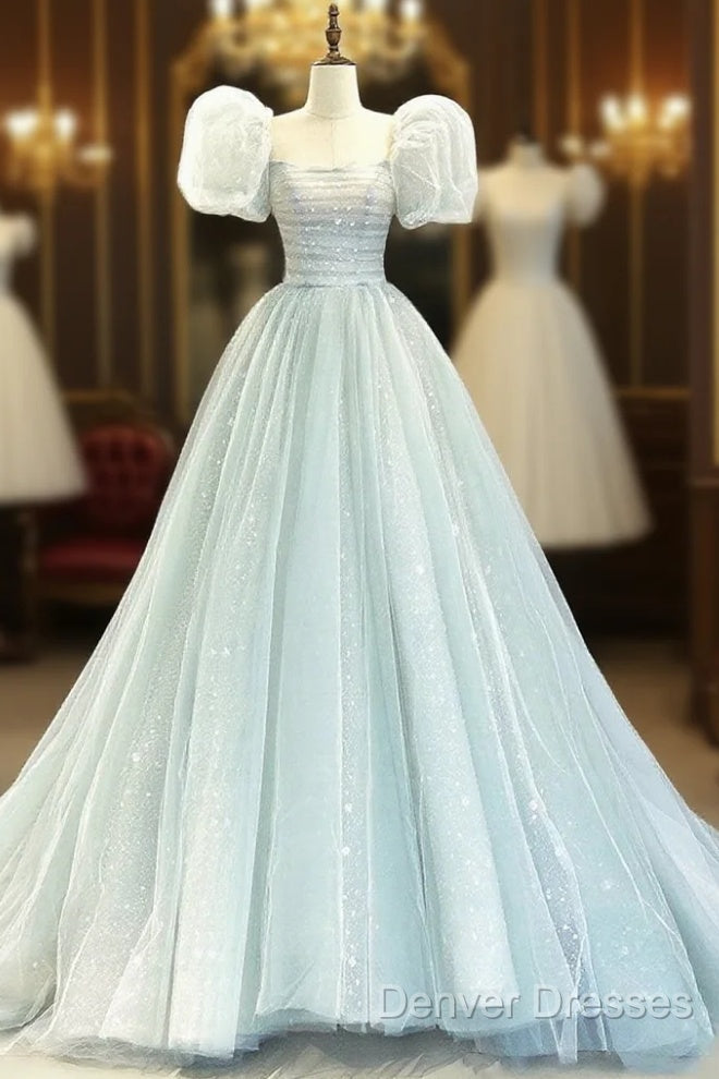 A-Line Puff Sleeves Blue Long Prom Dress, Tulle Formal Evening Dress