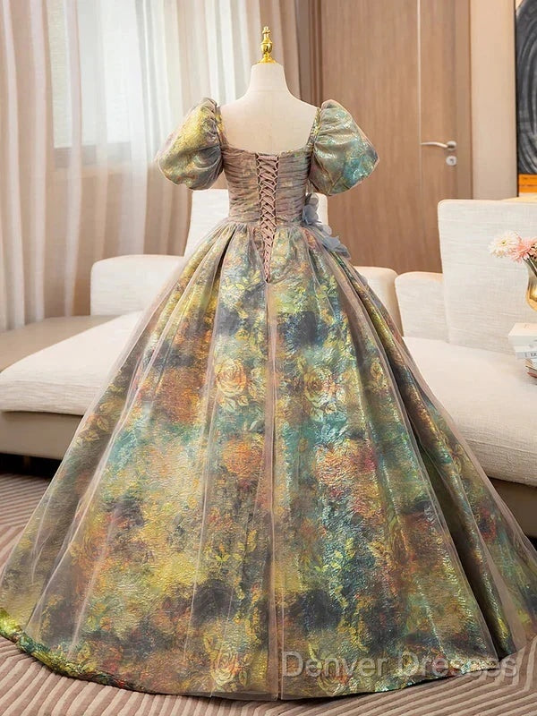 A-Line Puff Sleeves Gold Long Prom Dress Quinceanera Dress With Flower Elegant Secondary image