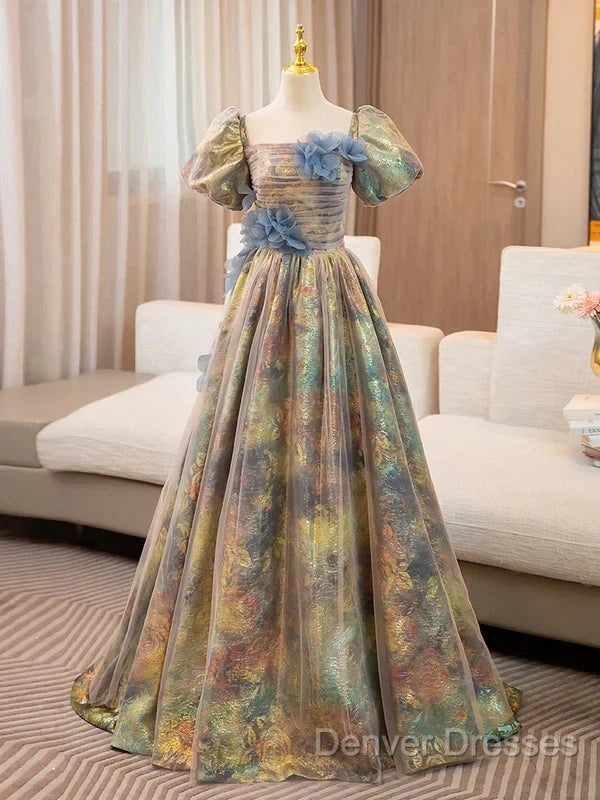 A-Line Puff Sleeves Gold Long Prom Dress Quinceanera Dress With Flower Elegant