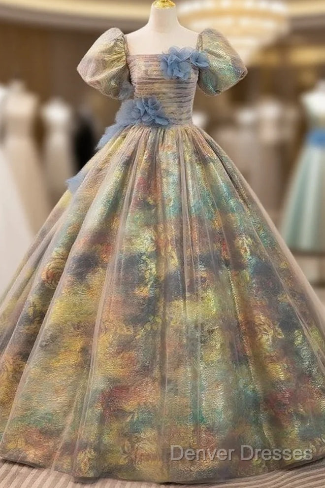 A-Line Puff Sleeves Gold Long Prom Dress Quinceanera Dress With Flower Elegant Main image