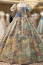 A-Line Puff Sleeves Gold Long Prom Dress Quinceanera Dress With Flower Elegant