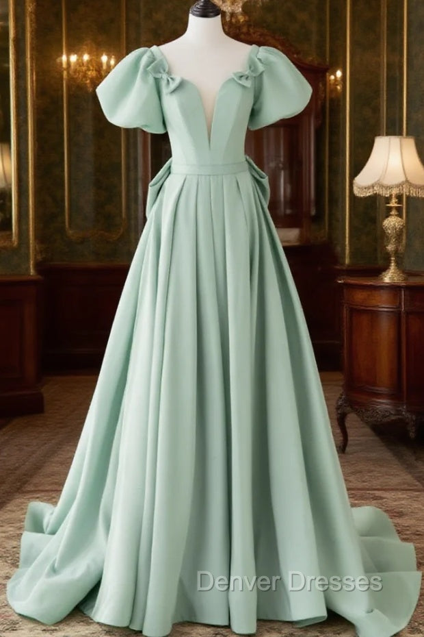 A-Line Puff Sleeves Green Long Prom Dress, Green Formal Dress Main image