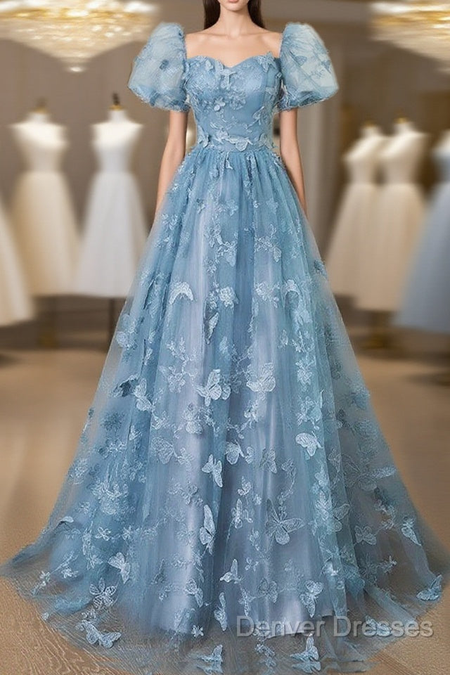 A-Line Puff Sleeves Lace Gray Blue Long Prom Dress, Gray Blue Formal Dress Main image