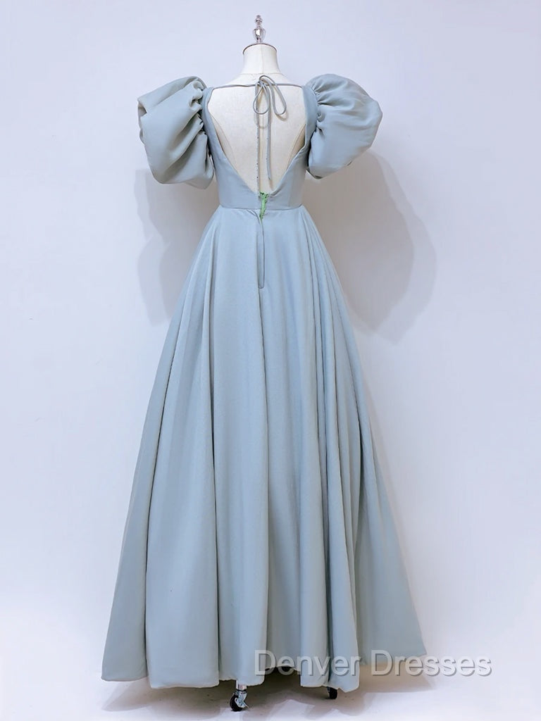 A-Line Puff sleeves Long Blue Prom Dress, Square Neckline Blue Long Formal Dress Secondary image