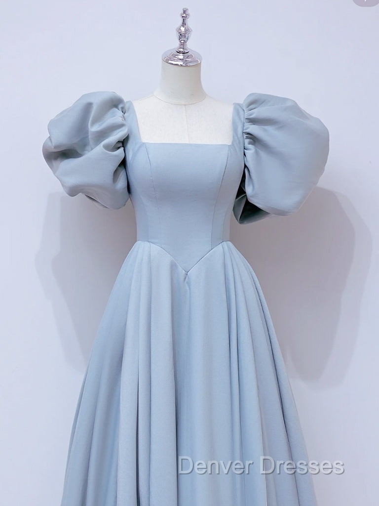A-Line Puff sleeves Long Blue Prom Dress, Square Neckline Blue Long Formal Dress