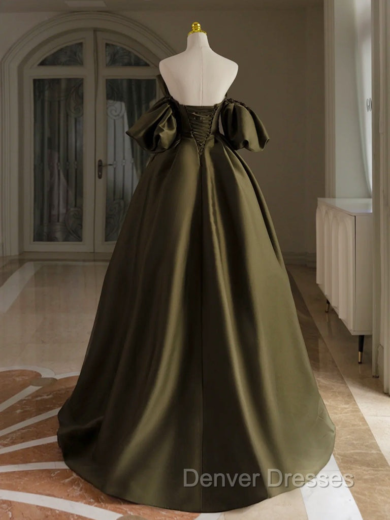 A-Line Puff Sleeves Olive Green Satin Long Prom Dress, Olive Green Long Evening Dress