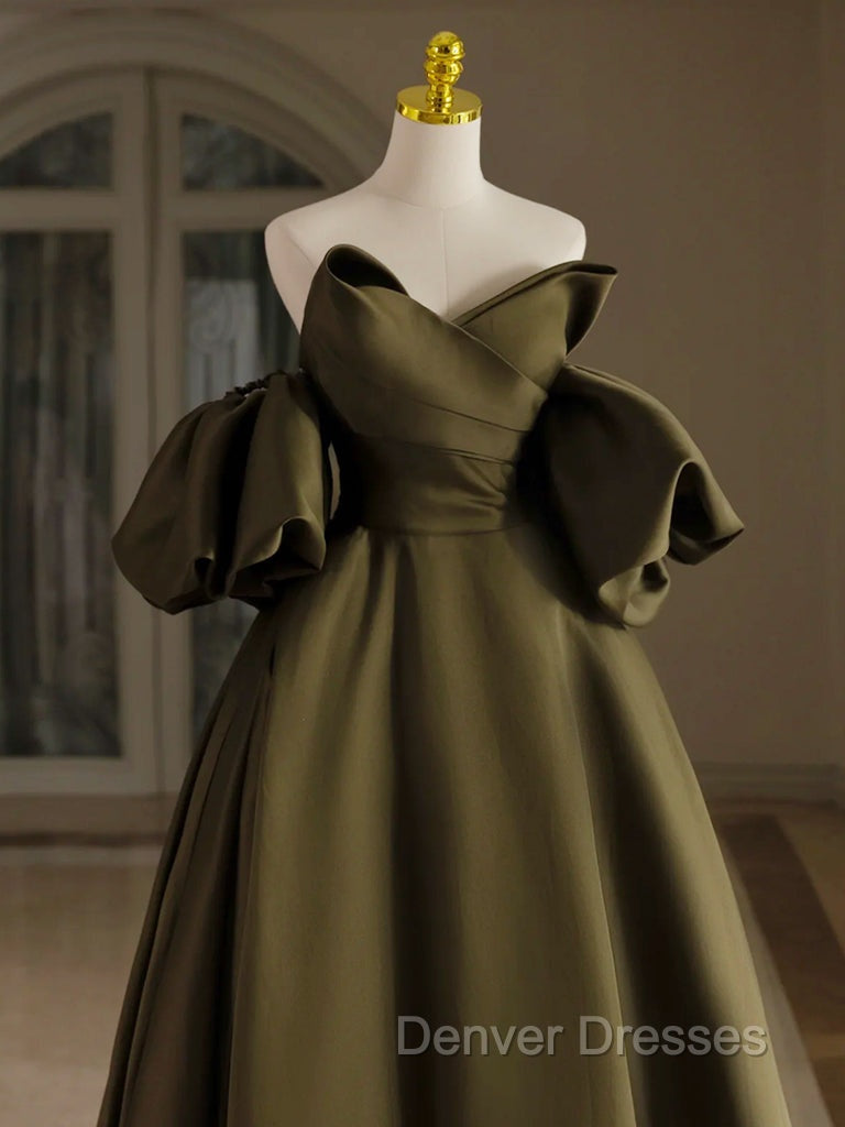 A-Line Puff Sleeves Olive Green Satin Long Prom Dress, Olive Green Long Formal Dress