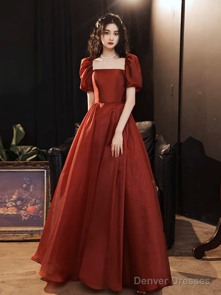 A-Line Puff Sleeves Organza Burgundy Long Prom Dress, Burgundy Long Evening Dress Main image