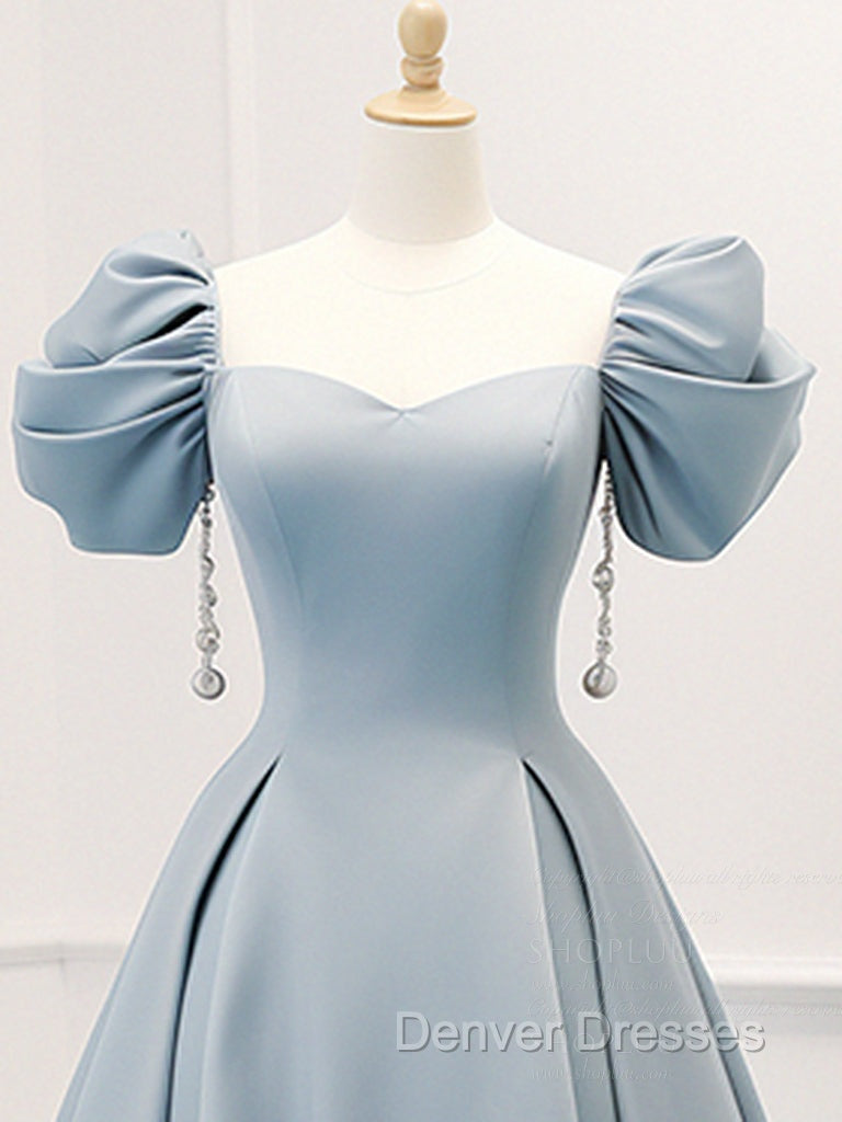A-Line Puff Sleeves Satin Blue Long Prom Dress, Blue Long Formal Dress Secondary image