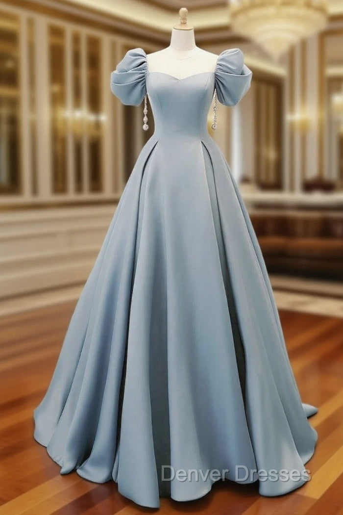 A-Line Puff Sleeves Satin Blue Long Prom Dress, Blue Long Formal Dress Main image