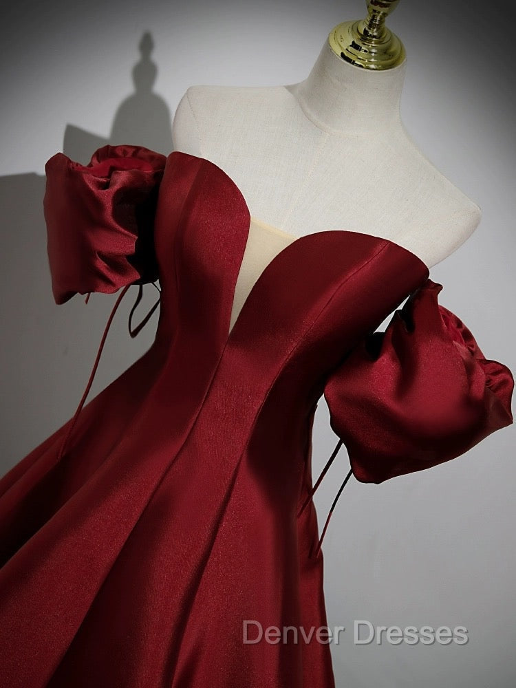 A-Line Puff Sleeves Satin Burgundy Long Prom Dress, Burgundy Long Formal Dress Secondary image