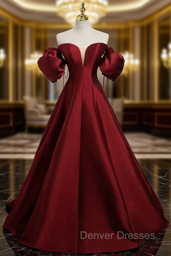 A-Line Puff Sleeves Satin Burgundy Long Prom Dress, Burgundy Long Formal Dress Main image